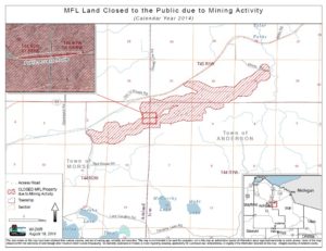 Map of forest land closed to the public due to mining activity in Iron and Ashland counties, 2014. Source: Wisconsin DNR, https://dnr.wi.gov/topic/Mines/documents/gogebic/MFLMap20140819.pdf