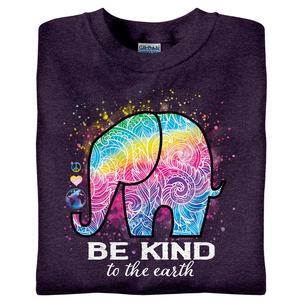earth day t shirt with watercolor elephant and be kind to the earth text
